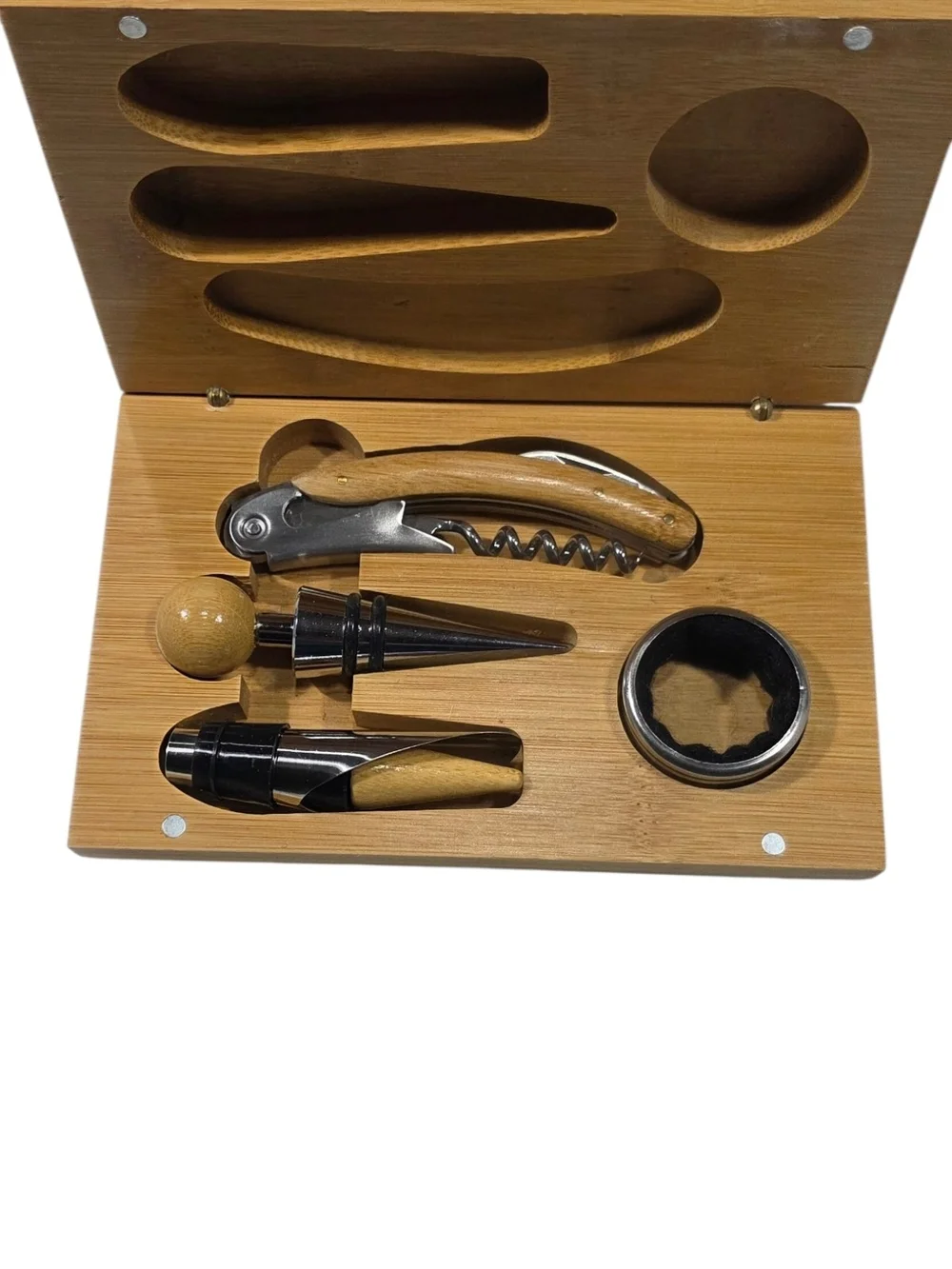 Pongo Bamboo Wine Tool Gift Set Corkscrew Stopper Drip Ring 4 Piece New